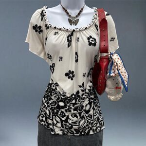 Cato Braided Scoop Neck Floral Boho Peasant Blouse S Black White Flowy